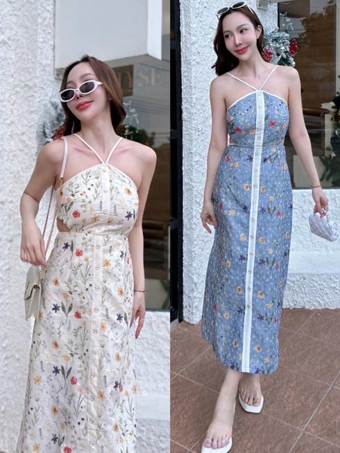 Floral Printed Embroidered Long Sleeveless Dresses